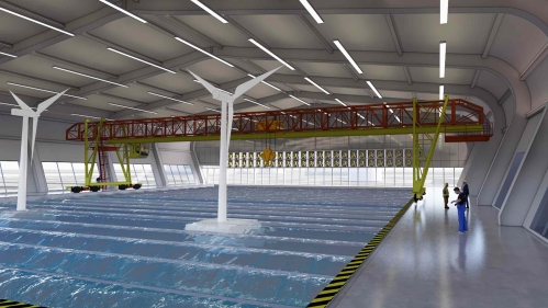 A rendering of the interior of the proposed WET Center, where scholars from a variety of academic fields will explore the science and technology underpinning next-generation wind energy production.
