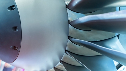 Close up view of a jet engine.