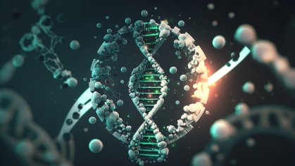 A molecular DNA structure on a dark background.