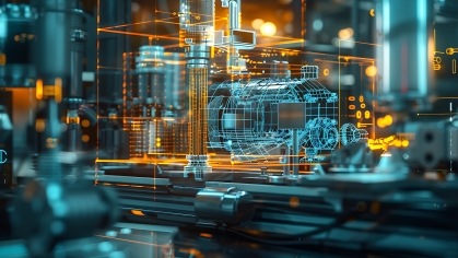 A holographic 3D model of a complex mechanical system.