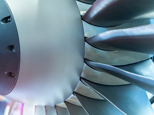 Close up view of a jet engine.