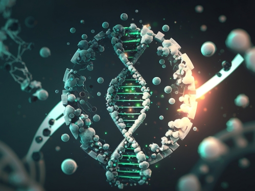 A molecular DNA structure on a dark background.