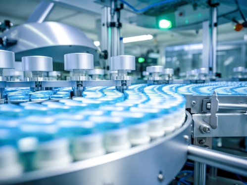 Advanced technology production line filling bottles.