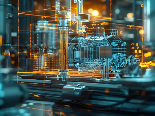 A holographic 3D model of a complex mechanical system.
