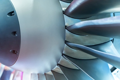 Close up view of a jet engine.