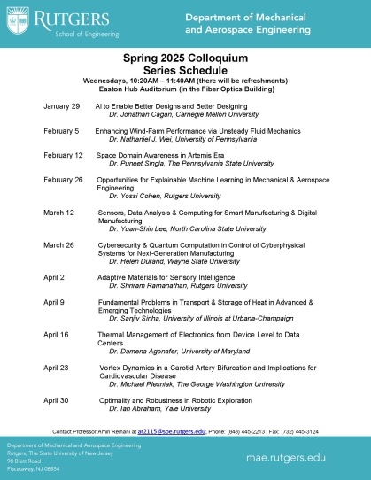 Spring 2025 Colloquium Series Schedule, blue border with white background and black text