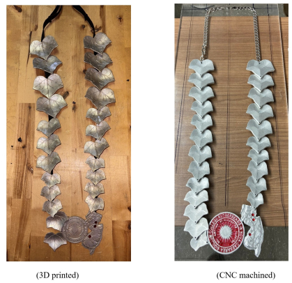 3D Printed medallion on wood table next to a CNC machined replica of the medallion 